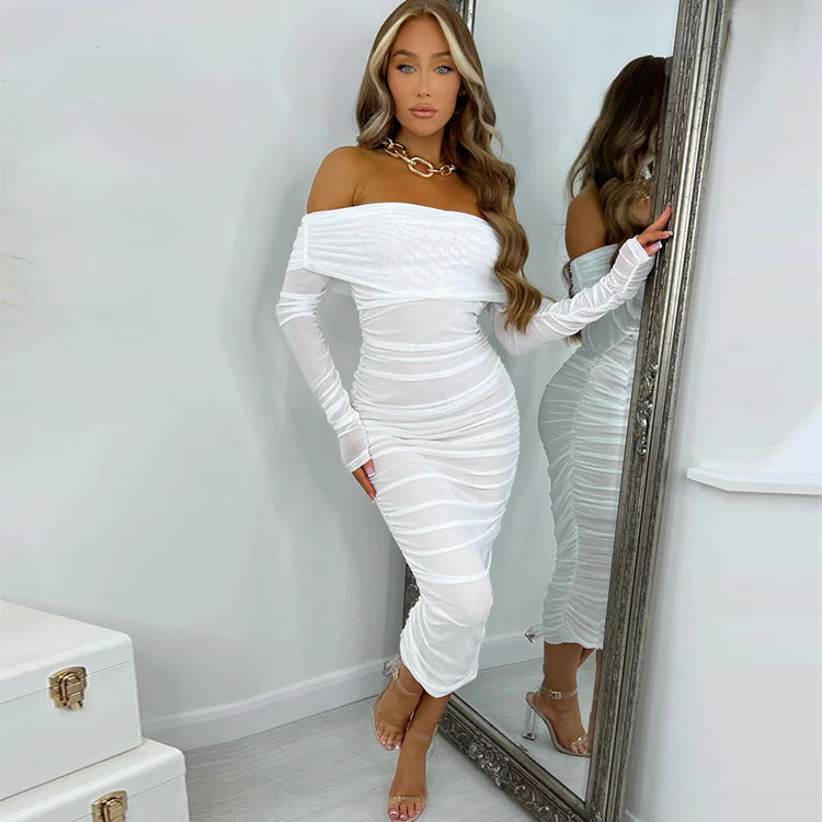 Robe de soirée sexy plissée à manches longues et épaules dénudées pour femme, couleur unie, coupe ajustée, collection printemps