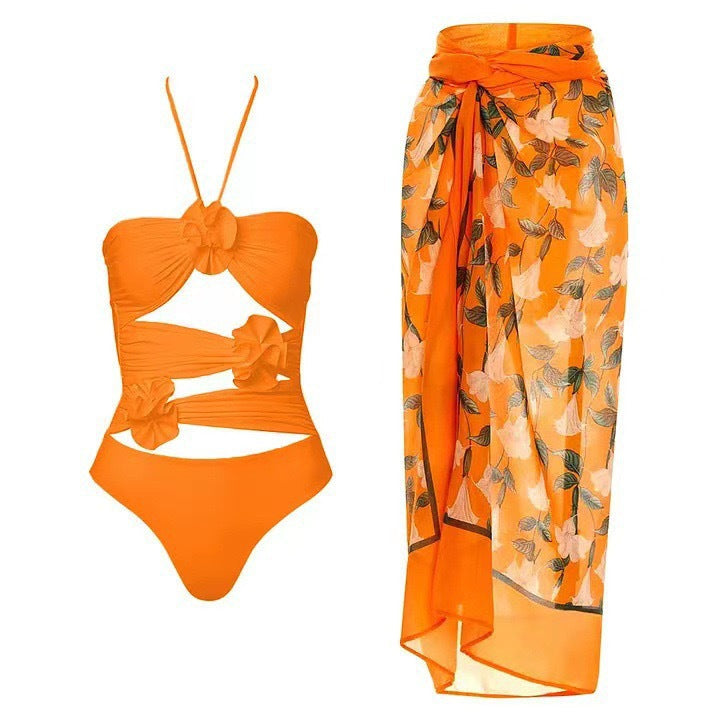Lonkey Maillot de bain couleur unie évidé ajouré maille sac hanche jupe florale sexy maillot de bain