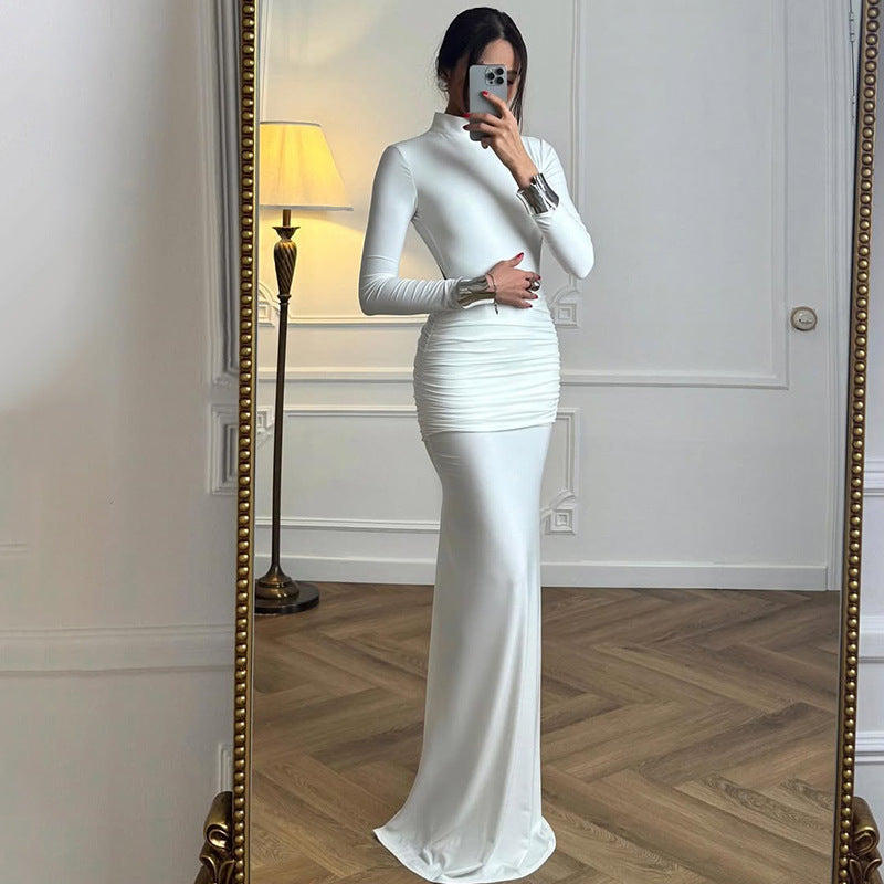 Damenkleidung Herbst Einfarbig Langarm Slim Fit Fishtail-Kleid Rückenfreies Kleid mit Knopfleiste Damen