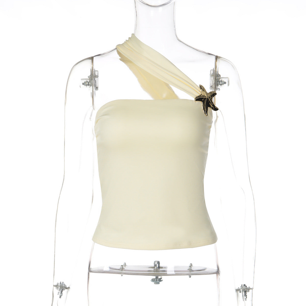 Vêtements Femme Printemps Haut Unique à Une Épaule Col Diagonal avec Boucle Décorative Dorée