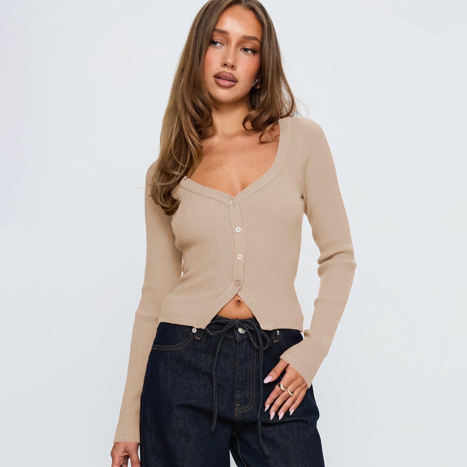 Damen Herbst Winter V-Ausschnitt Langarm Rippstrick Knopf Cardigan Schmale Passform