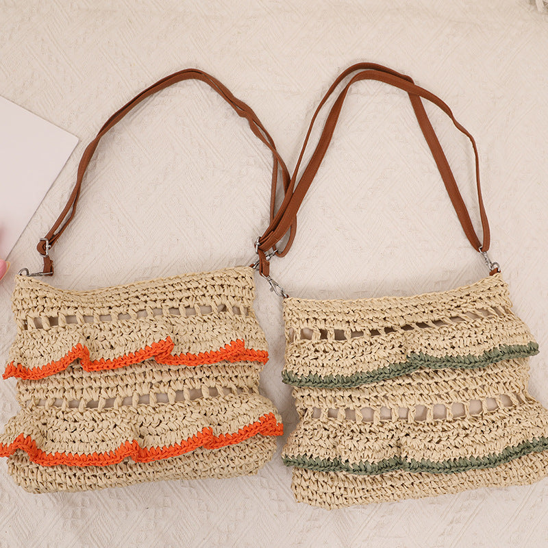 Sac en paille en dentelle à bandoulière Volants Été Couleur Sac en paille Sac tissé Vacances à la mer Plage