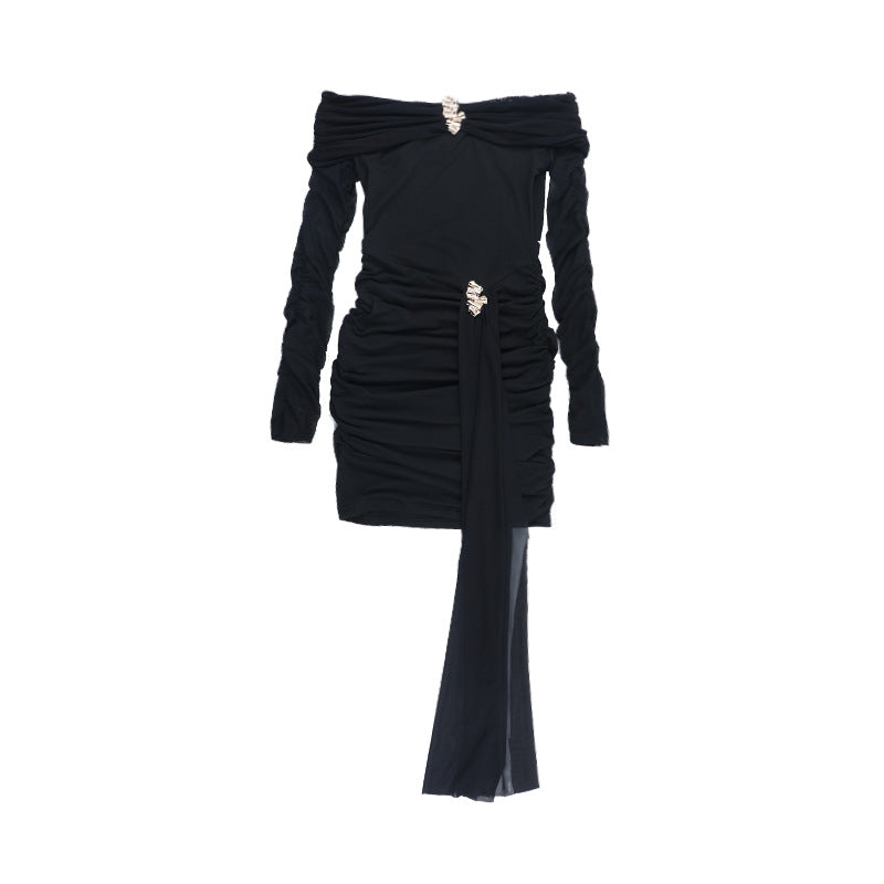 Robe Courte Sexy Épaules Dénudées Dos Nu Maille Manches Longues
