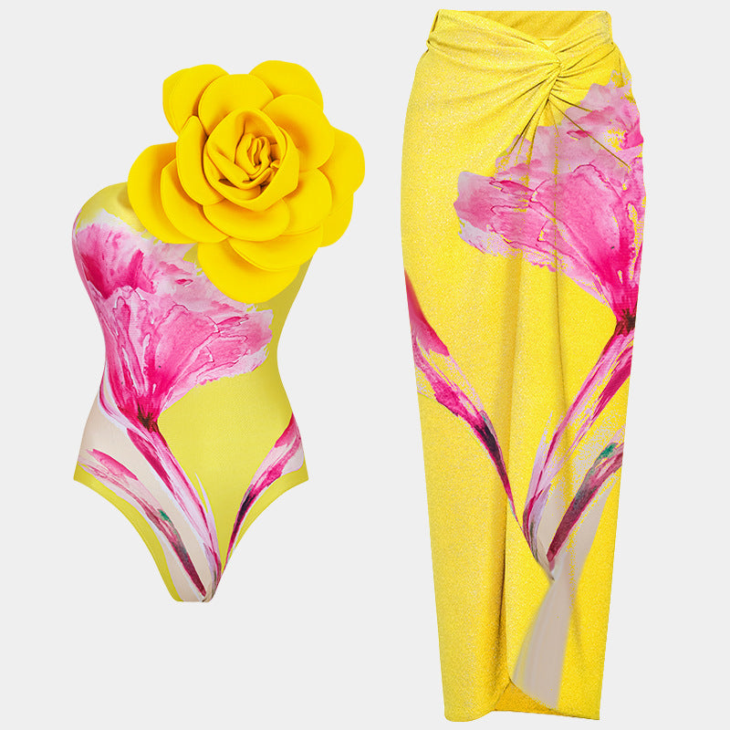 Einteiliger Badeanzug Damen Eng Anliegend Schlankmachend Großer Blumen-Blasendruck Badeanzug Outfit Chiffonkleid