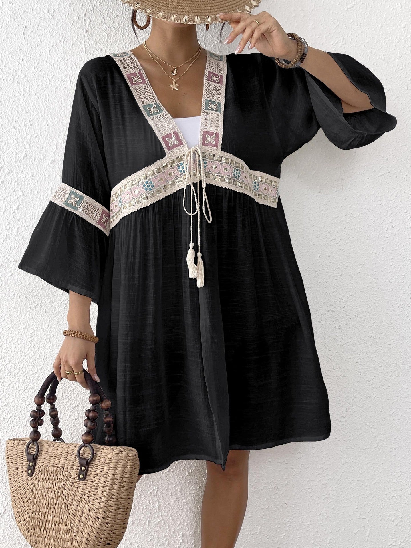 Cardigan Femme Nœud Vêtements Femme Paillettes Broderie Dentelle Patchwork Plage Cache-maillot