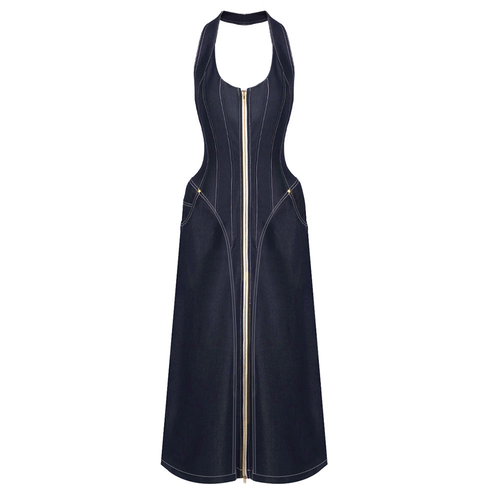 Robe fourreau d'été en jean, élégante, de couleur unie, sans manches, dos nu, coupe ajustée, à col halter