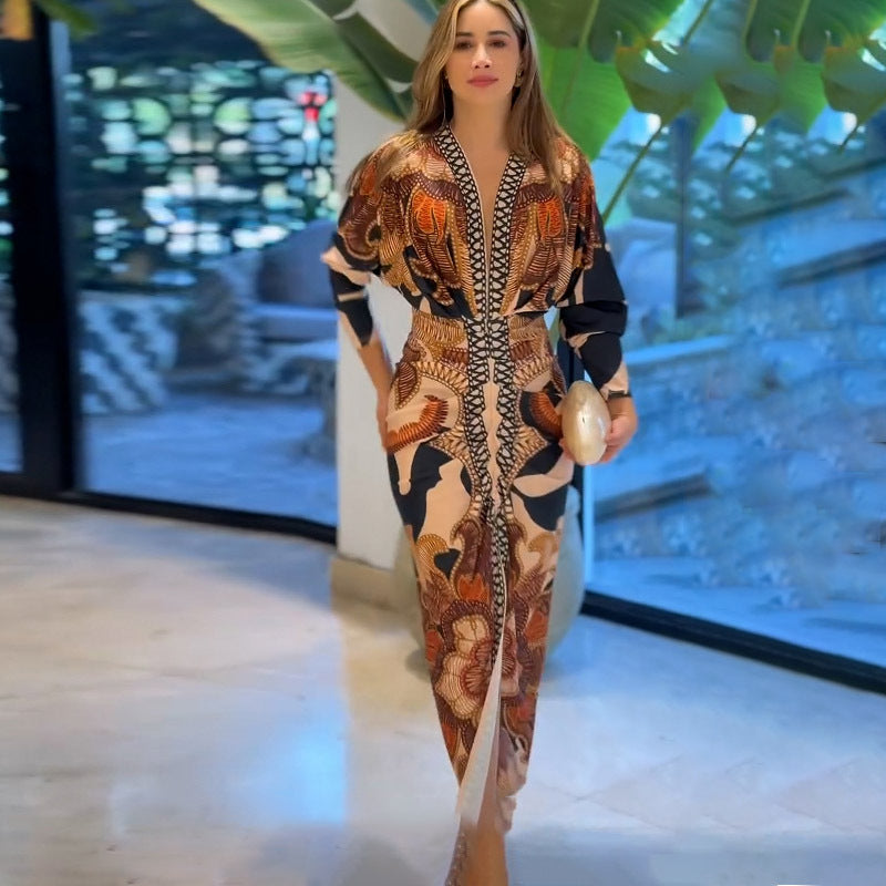 Robe imprimée à manches courtes et col en V pour femme, coupe slim, collection printemps