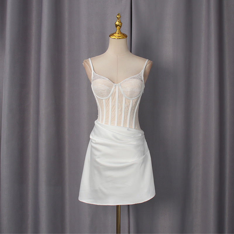 Frühlings-sexy süßes Taille-schmaler-Korsett-Mesh-Spleißen-Trägerkleid für Damen