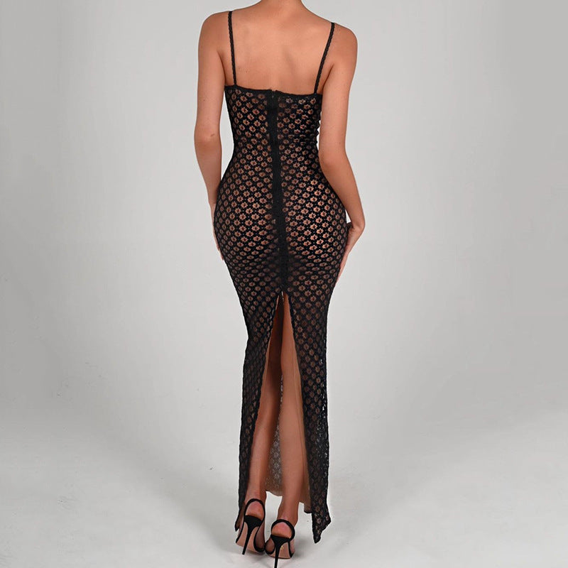 Robe Sexy d'Automne à Bretelles Serrée, Dentelle Dos Nu, Fente et Pois