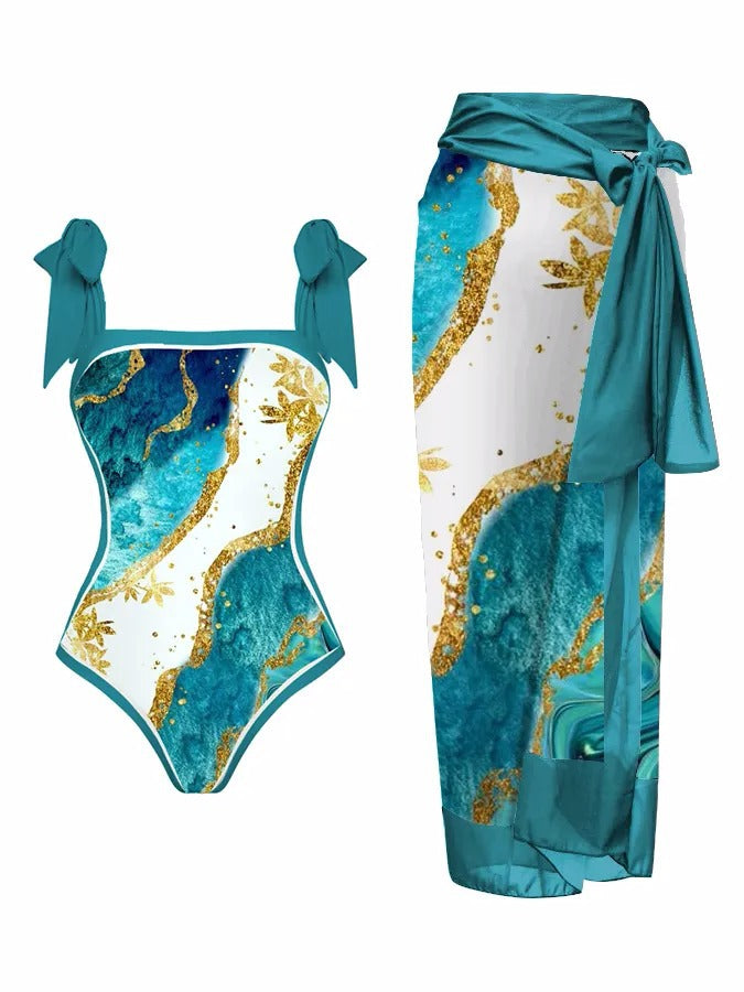 Bademode Mehrfarbig Bedrucktes Chiffonkleid Einteiliger Sonnenschutz-Badeanzug