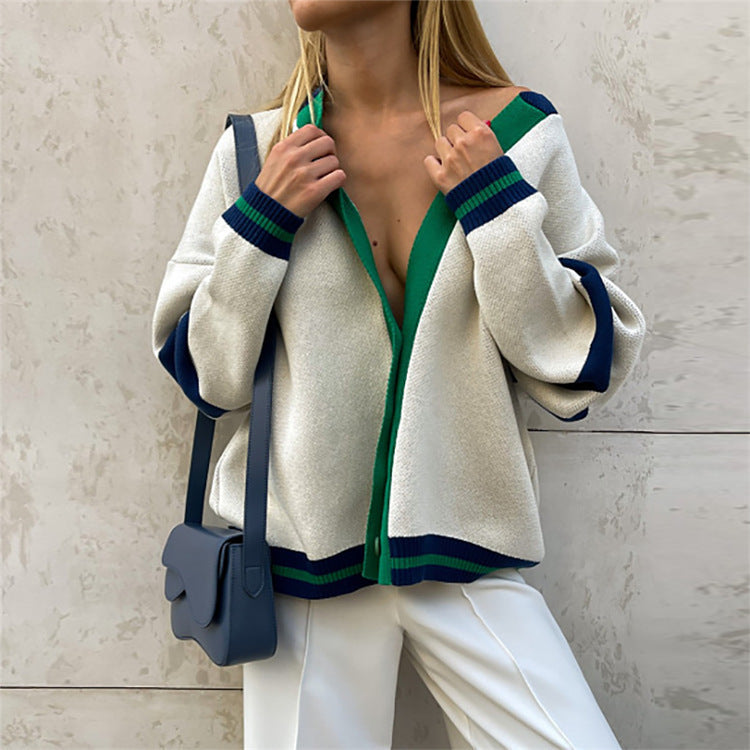 Kontrastfarben Cardigan Locker Lässig Herbst Winter Pullover Damen Gestreifter schlichter Strickpullover Mantel