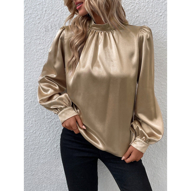 Stehkragen Puffärmel T-Shirt Damen Satin All Match Langarm Besonderes Damenbekleidung
