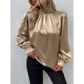 Stehkragen Puffärmel T-Shirt Damen Satin All Match Langarm Besonderes Damenbekleidung