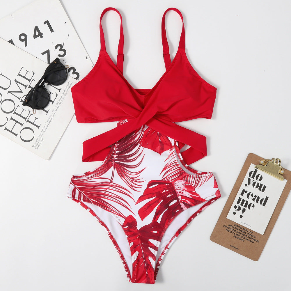 Einteiliger blattförmiger Badeanzug für Damen mit floraler Farbabstimmung, geschnürter, sexy Dreiecks-Bikini