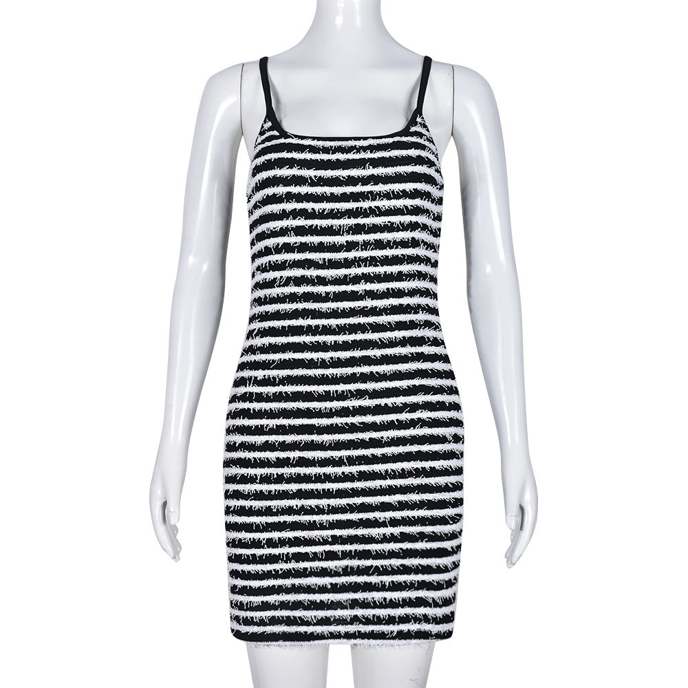 Robe fourreau moulante sexy à fines bretelles et couleur contrastée pour femme
