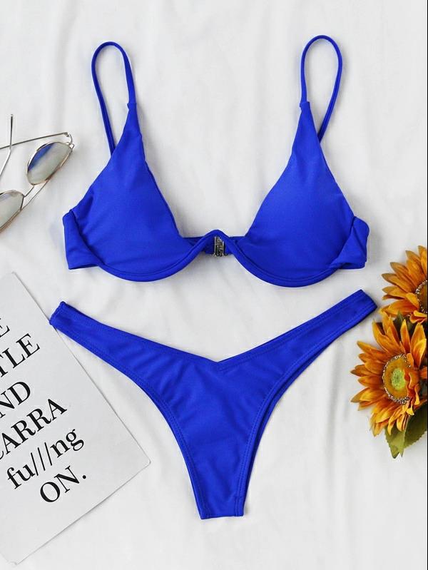 Sexy Bikini Geteilte Raffung Stahlbügel Einfarbiger Badeanzug Damen