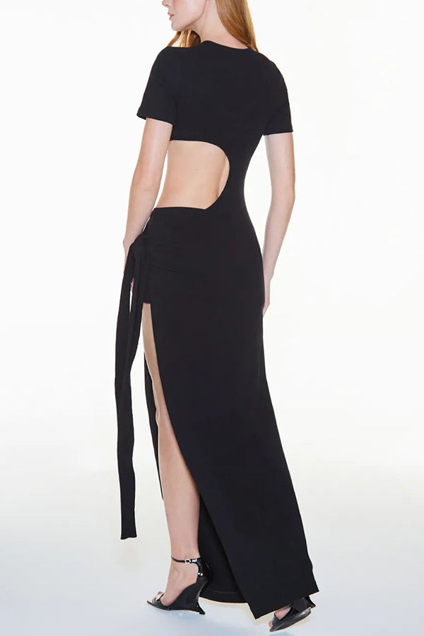 Frühling Sommer Rückenfreies Schnür-Kleid, schmal geschnitten, sexy Schlitz, einfarbig, Street Dress