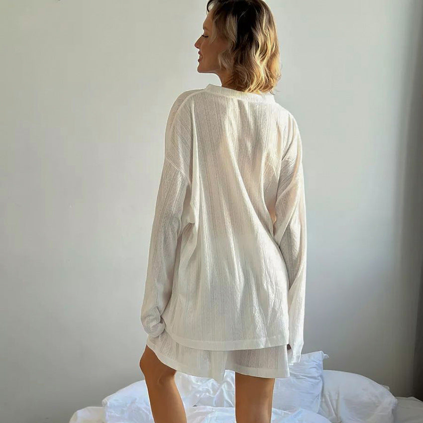 Pyjama d'intérieur pour femme, ample et confortable, en tricot jacquard blanc cassé, col rond, manches longues et short, pour l'automne