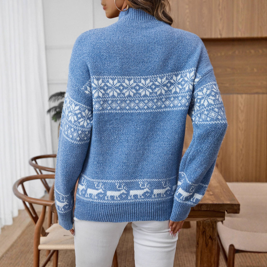 Pull de Noël flocon de neige en brocart pour femme, automne hiver, col roulé, manches longues