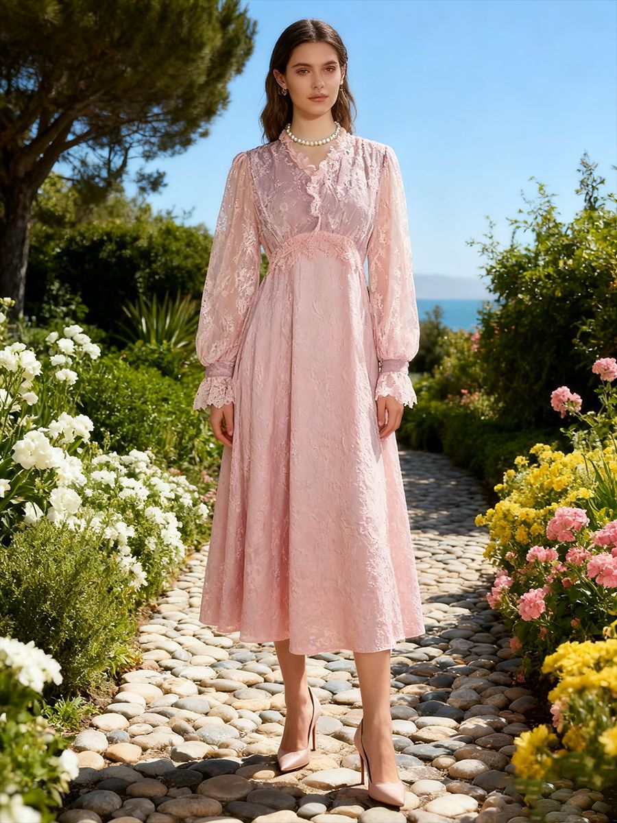 Spitzen-Langarm-Elegantes Kleid Herbst Hoher Sinn V-Ausschnitt Tailliertes Schlankheitskleid Damen
