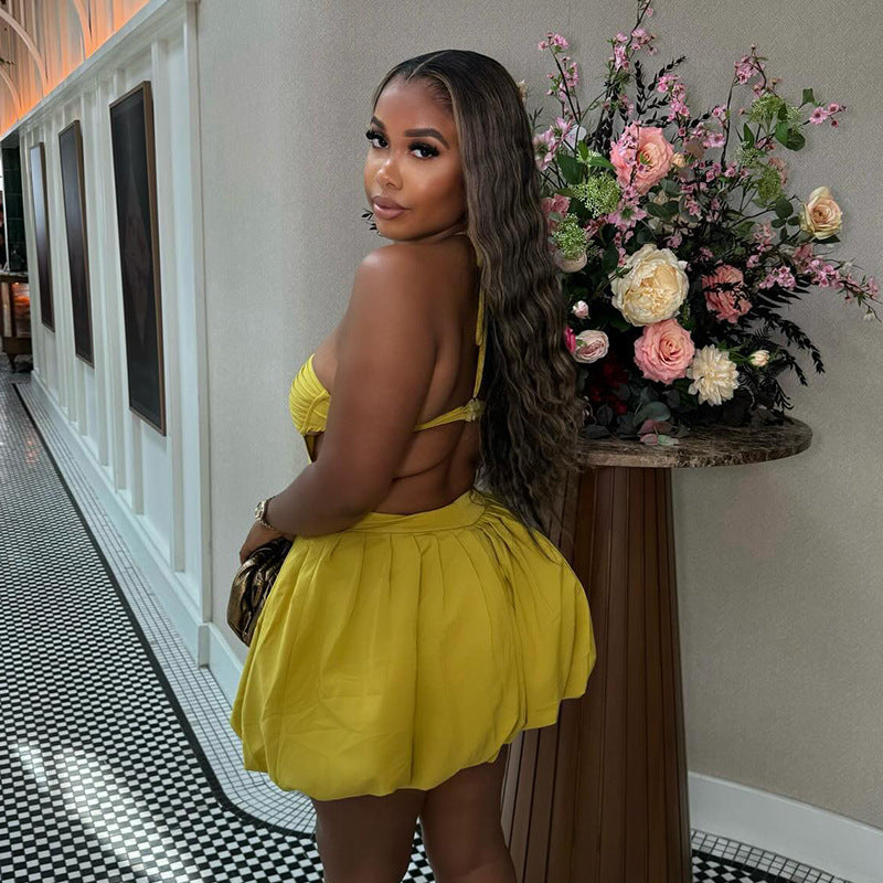 Damenbekleidung Herbst Süß Frisch Neckholder Tube Top Rückenfreies High Waist Kurzes Kleid Volantkleid