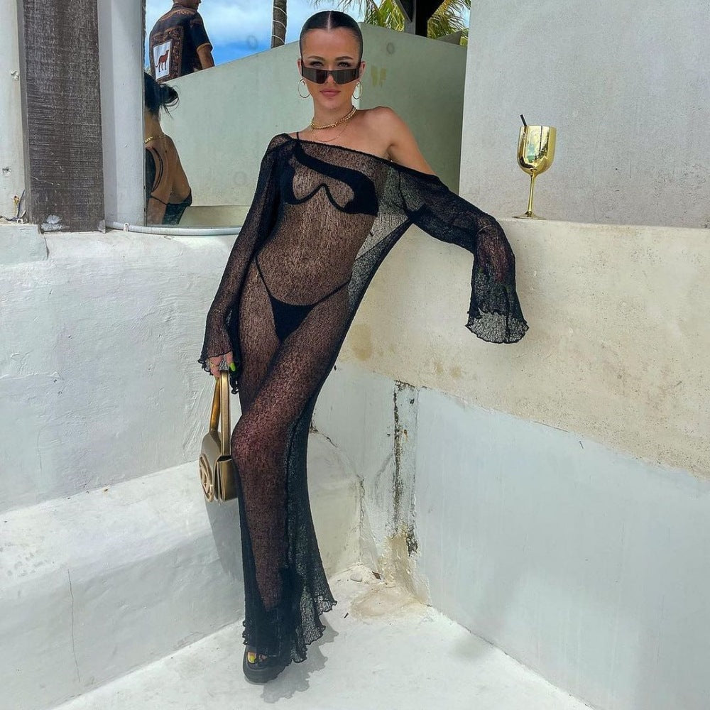 Transparente Sommerbluse, sexy Urlaubsoberteil, rückenfrei, einfarbig, langärmeliges Strickkleid für Damen
