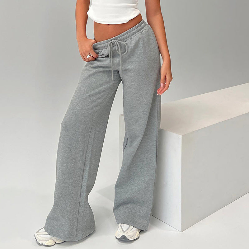Pantalon décontracté ample pour femme avec cordon de serrage et taille élastique, couleur unie