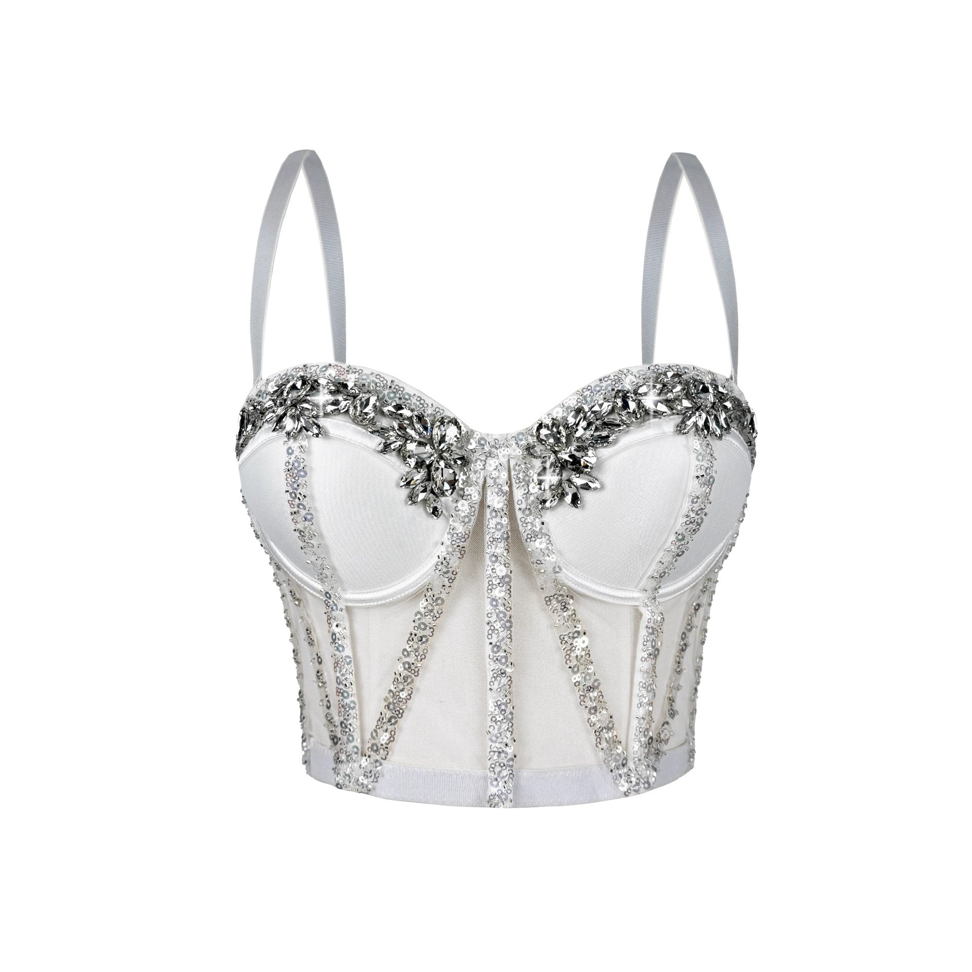 Rhinestone Mesh Boning Corset Bra Semi-Transparent Sexy Slimming Sling Bandeau Slim Fit Rhinestone Boning Corset Top Stage