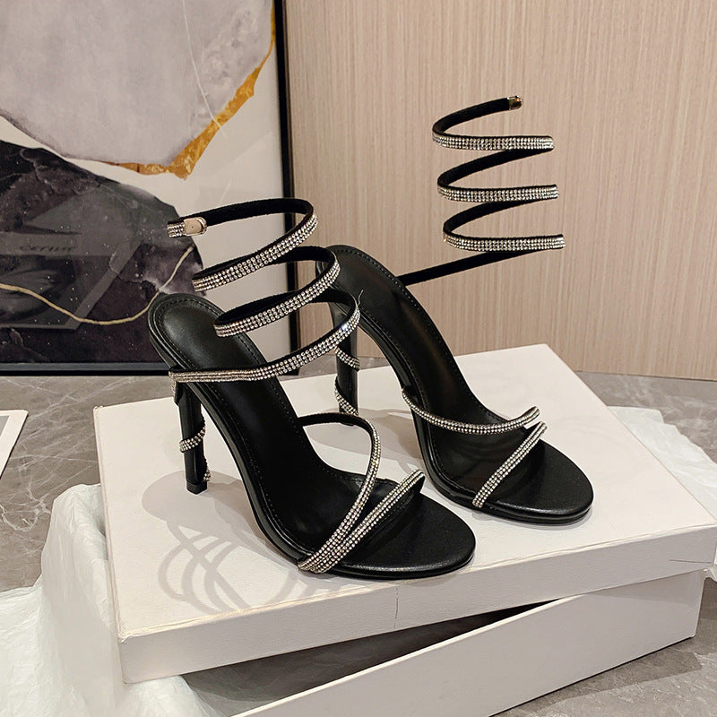 Summer Snake Shaped Rhinestone High Heel Shoes Internet Celebrity Fairy Winding Stiletto Sandals Women