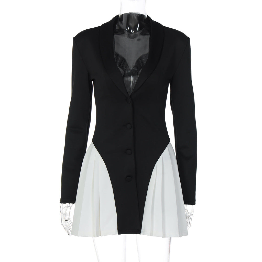 Robe courte ajustée à manches longues pour femme, col en V, boutonnée, couleur contrastante, automne