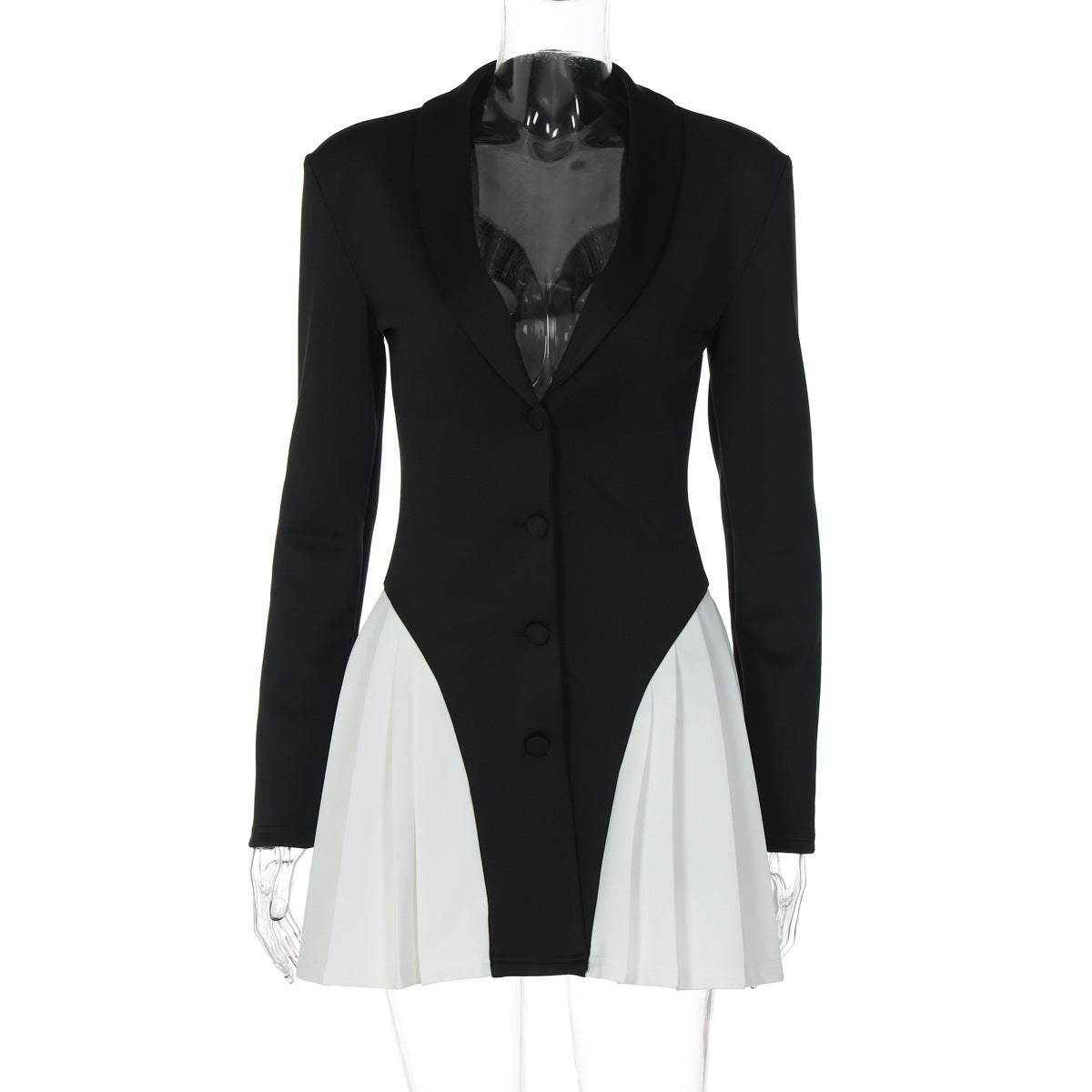 Robe courte ajustée à manches longues pour femme, col en V, boutonnée, couleur contrastante, automne