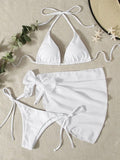 Maillot de Bain Trois Pièces Bikini Sexy à Bandes avec Bonnets Triangulaires et Couleur Unie