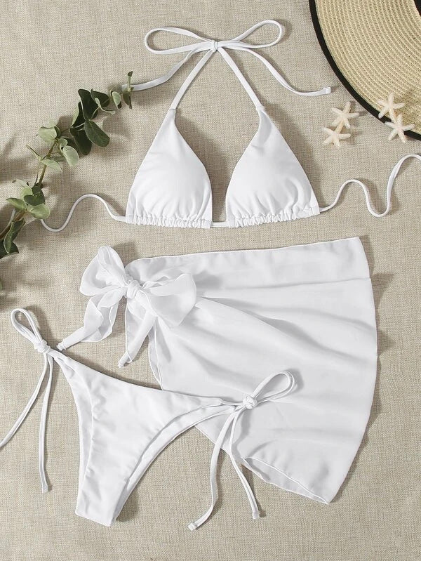 Maillot de Bain Trois Pièces Bikini Sexy à Bandes avec Bonnets Triangulaires et Couleur Unie
