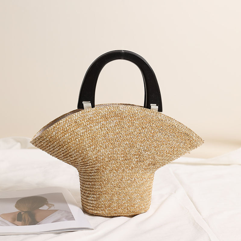 Sac en bois portable Chapeau en paille Sac en paille frais Sac tissé Sac de plage de vacances Sac pour femme