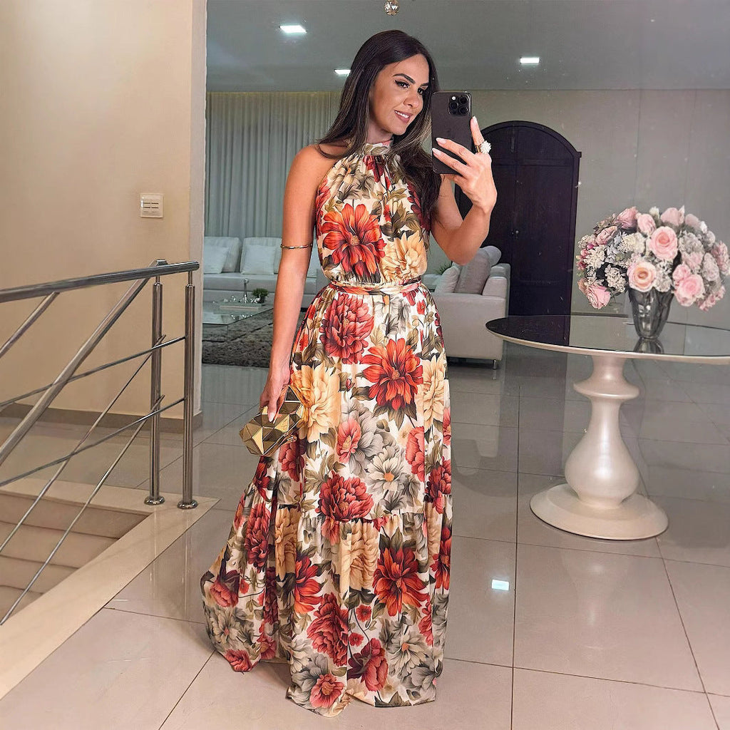 Sommer Damen Kleidung Bedrucktes Neckholder-Kleid Elegantes Ärmelloses Kleid