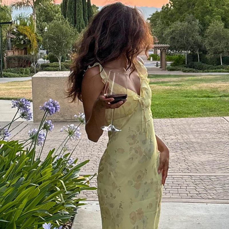 Robe d'été sexy pour femme, décolletée, imprimé rétro, coupe ajustée à fines bretelles