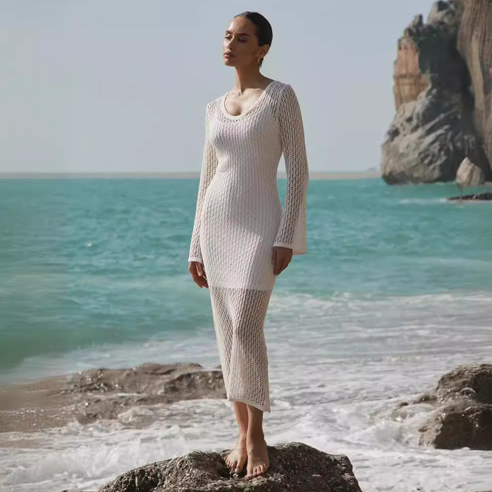Sommer Strandkleid Sexy Cutout Transparent Sonnenschutz am Meer Strandkleid Gestricktes Kleid