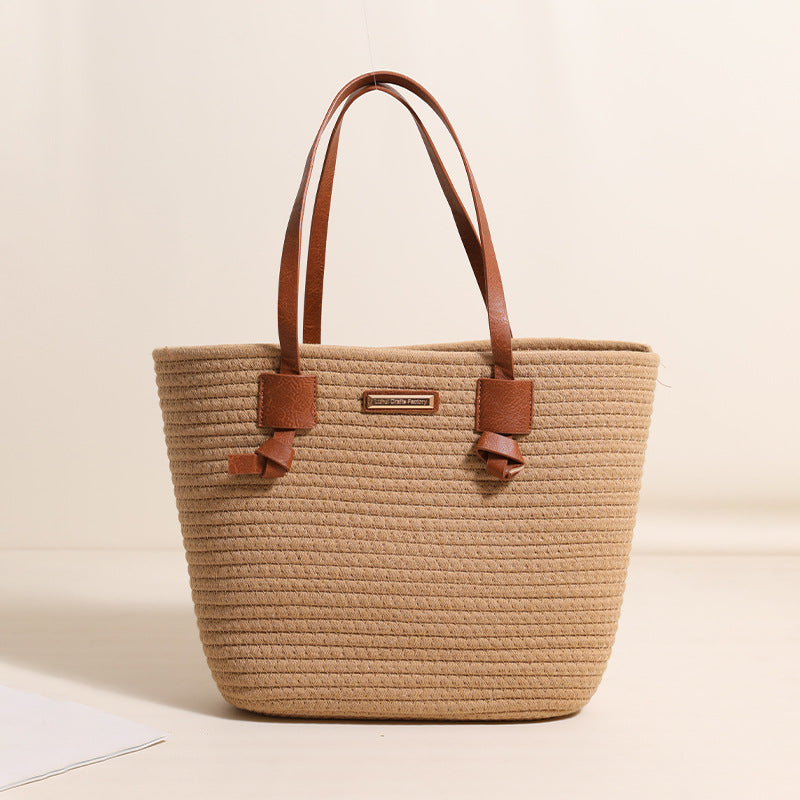 Sac tissé en fil de coton à une épaule Grande capacité Sac de paille Sac de plage de vacances pour femmes
