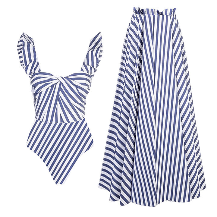 Maillot de bain une pièce imprimé rayé pour femme, ensemble jupe de plage pour les vacances