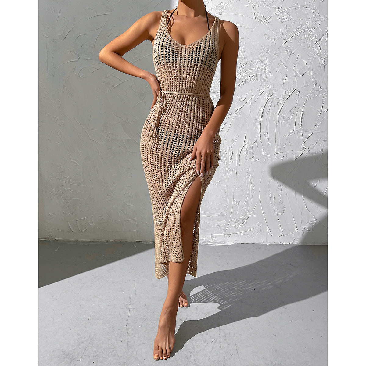 Urlaub Strand Sexy Strandkleid Hohl Cut-Out Durchsichtig Rückenfrei Strickkleid Damen