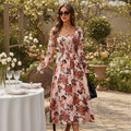 Herbstliches Kleid mit eckigem Ausschnitt für Damen: Retro, französisch, elegant, mit Blumenmuster