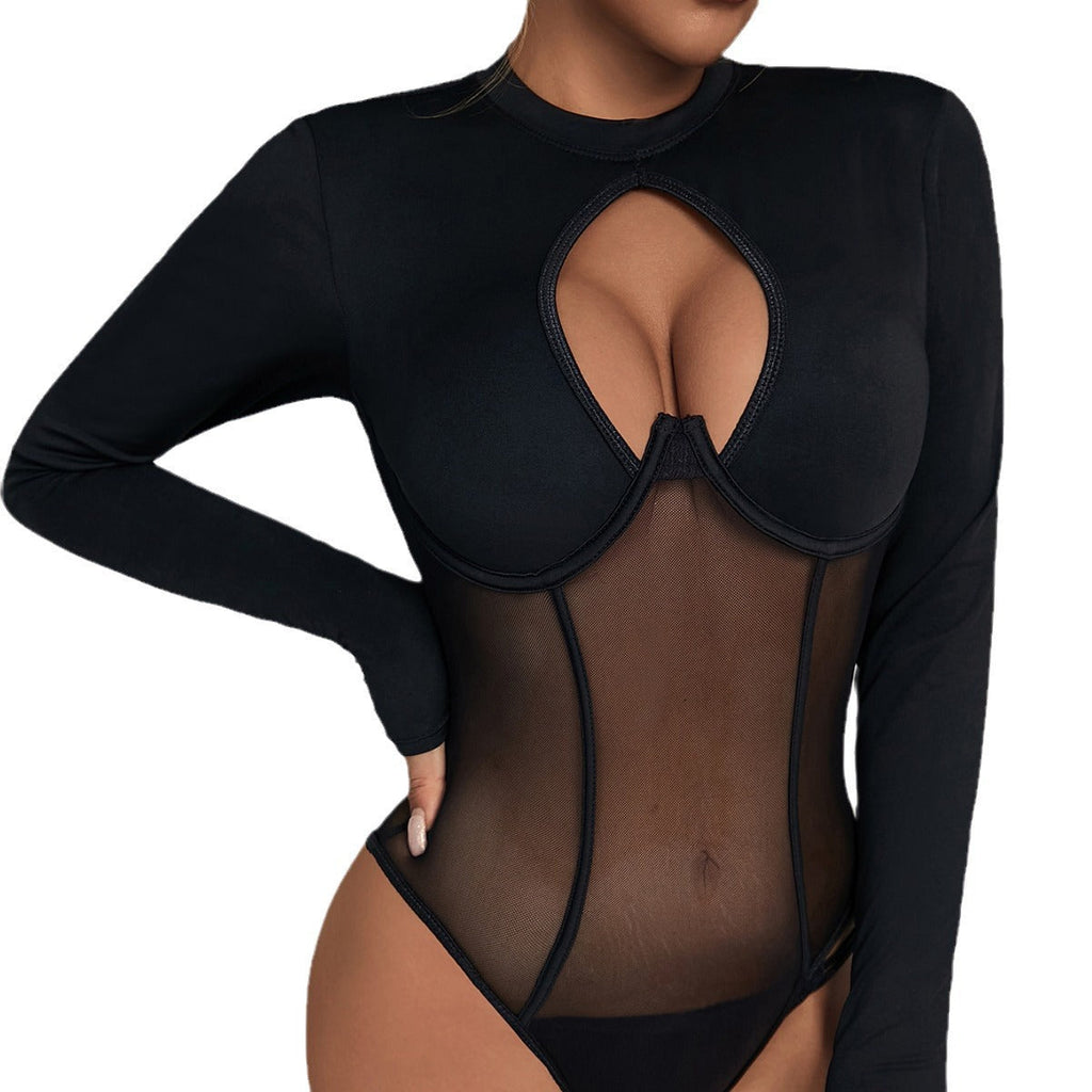 Combinaison Push-Up Intégrée Dos Nu Col Rond Évidée Découpe Maille Sexy Coupe Ajustée Patchwork