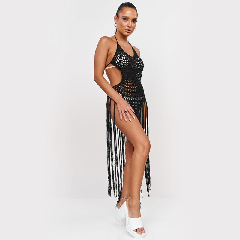 Robe de plage sexy en crochet faite main, une pièce, avec pompons, dos nu, cache-maillot de bain, protection solaire