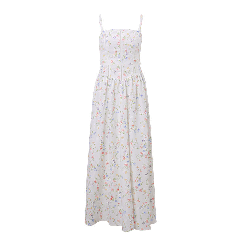 Robe longue d'été sexy à bretelles imprimé floral de style pastoral français pour femmes