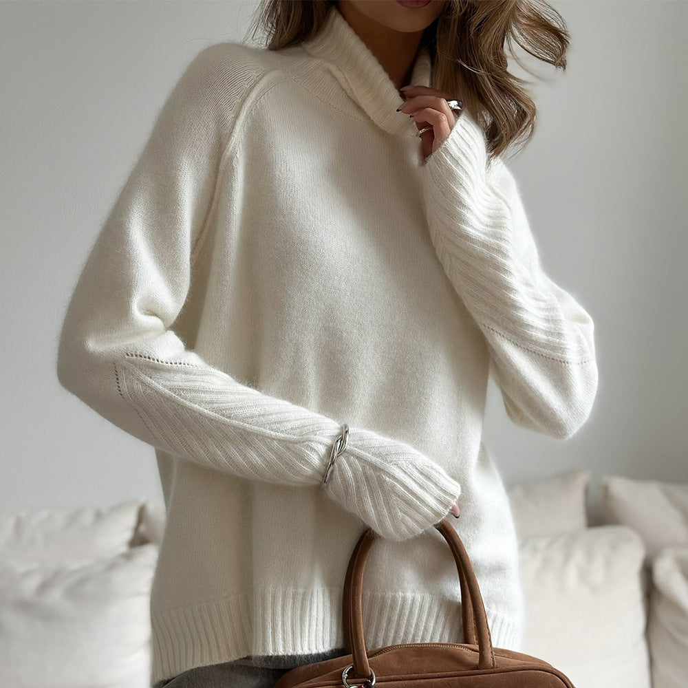 Herbst Winter Weiß Strickwaren Locker Lässiger Strickpullover für Damen