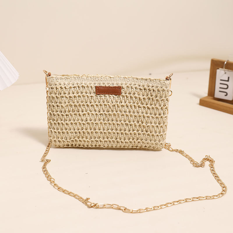 Petit sac en paille bandoulière, couleur unie, pochette carrée, sac de plage vacances, sac tissé