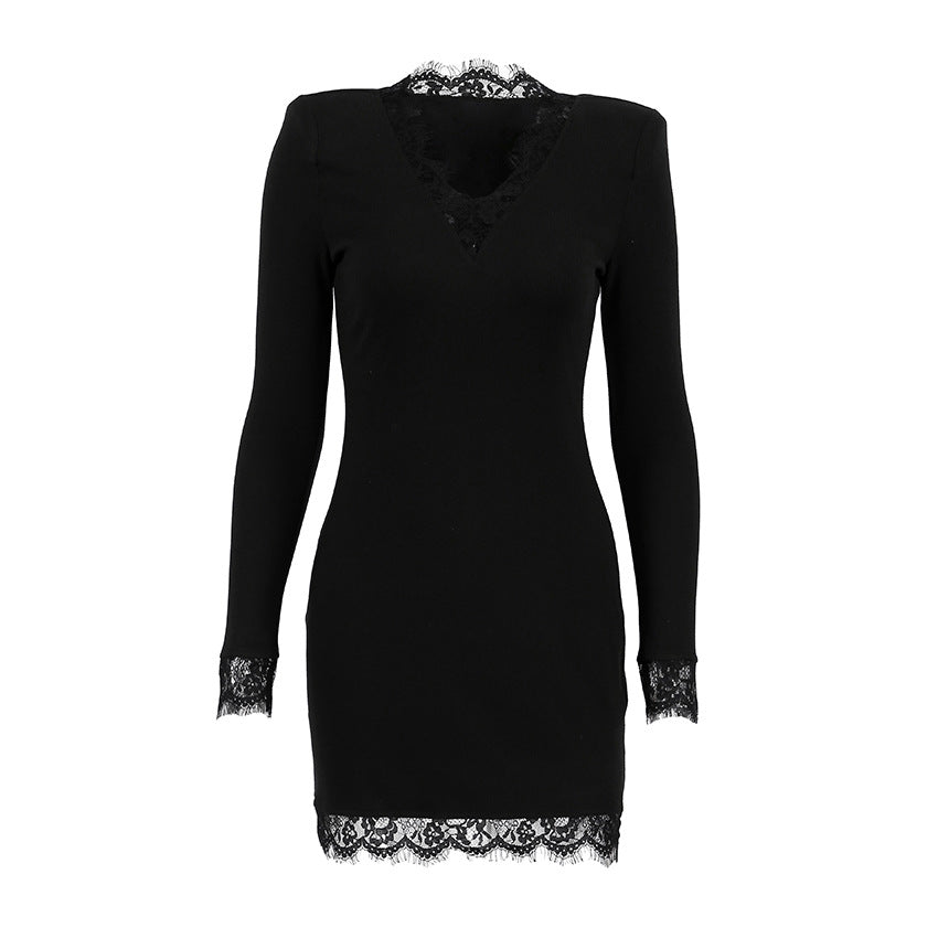 Robe élégante Femme Adulte Col V Dentelle Couture Noir Sexy Moulante Soie de Lait Hanches Automne Hiver