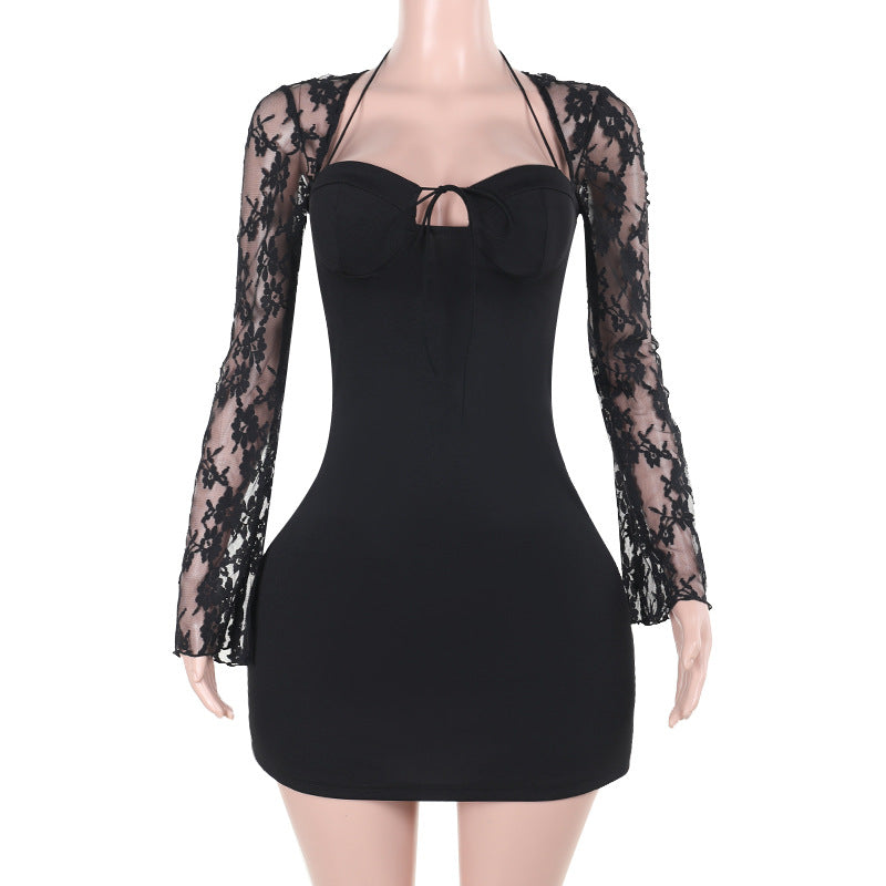 Robe d'automne élégante et sexy pour femme, moulante, en dentelle, à manches longues, enveloppant les hanches.