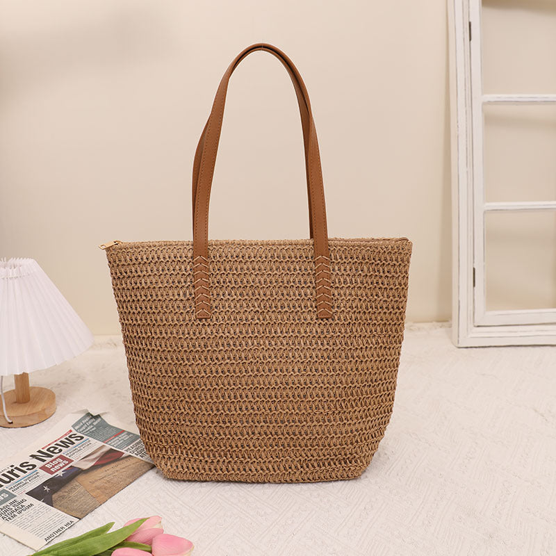 Sac à bandoulière simple en paille grande capacité pour femme, sac en paille d'été, sac tissé pour vacances à la mer, sac de plage en rotin tressé