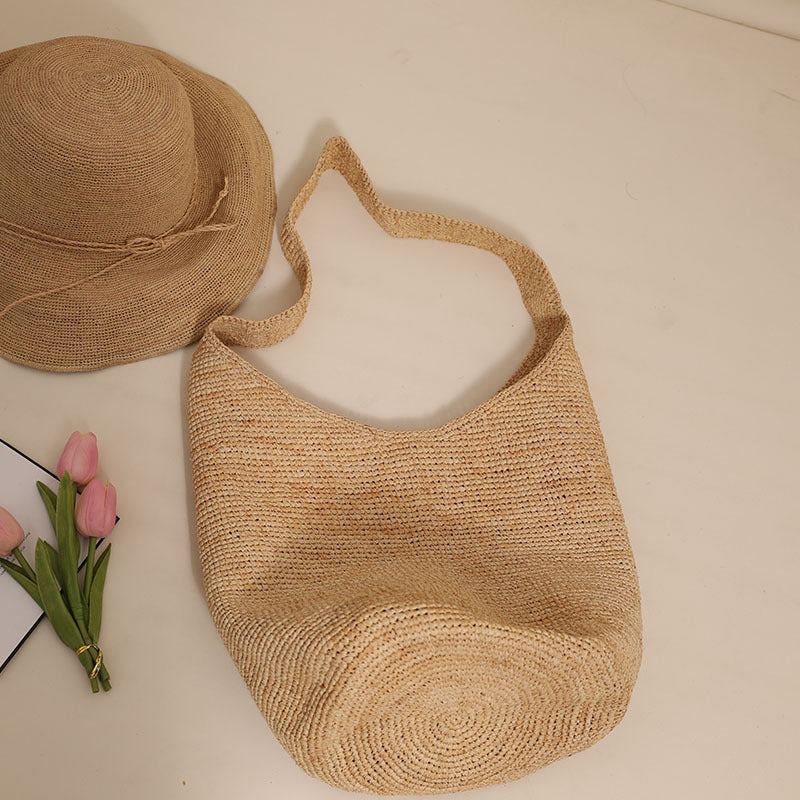 Grand sac à bandoulière en paille, sac seau en paille, sac tissé, sac de plage pour les vacances, sac pour femme